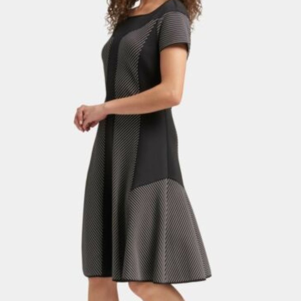 NWT black, white stripe DKNY fit & flare dress, S
